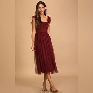 Divine invitation burgundy tulle Swiss dot ruffled midi dress